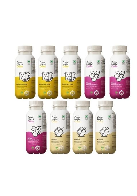 Overnight Oats With Vegan Protein | High Protein Oats Breakfast With Dietary Fibre | Just Add Milk | Ready In Minutes | 3 Banana Cake + 3 Mixed Berries + 3 Vanilla (Pack Of 9, 50G Each)