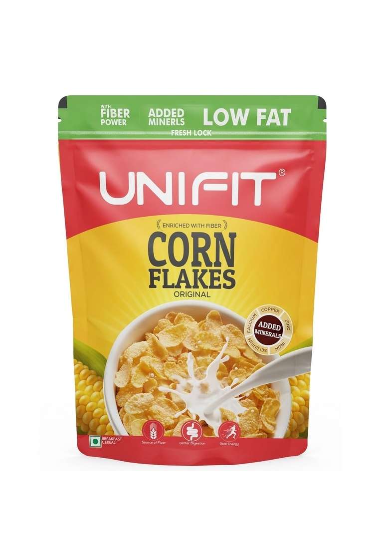 Unifit Corn Flakes Healthy & Crunchy Breakfast Cereal Added Fiber & Minerals | Power Of Copper, Zinc, Magnesium, Calcium, Iron, Phosphorus And Selenium | Crispy And Light 425G - Indya
