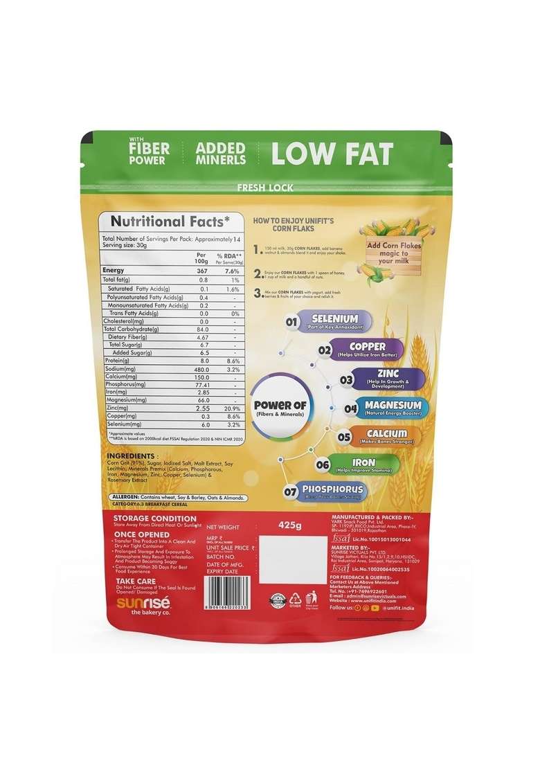 Unifit Corn Flakes Healthy & Crunchy Breakfast Cereal Added Fiber & Minerals | Power Of Copper, Zinc, Magnesium, Calcium, Iron, Phosphorus And Selenium | Crispy And Light 425G - Indya