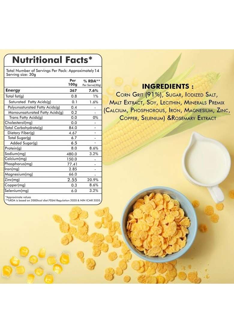 Unifit Corn Flakes Healthy & Crunchy Breakfast Cereal Added Fiber & Minerals | Power Of Copper, Zinc, Magnesium, Calcium, Iron, Phosphorus And Selenium | Crispy And Light 425G - Indya