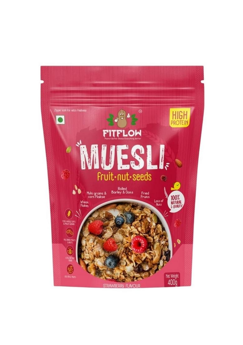 Fitflow High Protein Fruits, Nuts & Seeds Muesli | No Added Sugar | High Fiber Pouch (400 G)