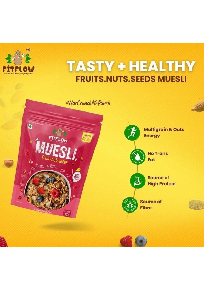 Fitflow High Protein Fruits, Nuts & Seeds Muesli | No Added Sugar | High Fiber Pouch (400 G)