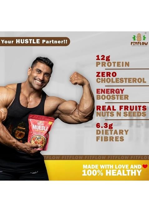 Fitflow High Protein Fruits, Nuts & Seeds Muesli | No Added Sugar | High Fiber Pouch (400 G)