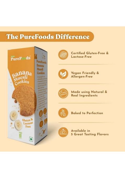 Purefoods Cookies | 100% Natural & Healthy | Gluten Free (Pack Of 1, 140G, Banana Muesli)