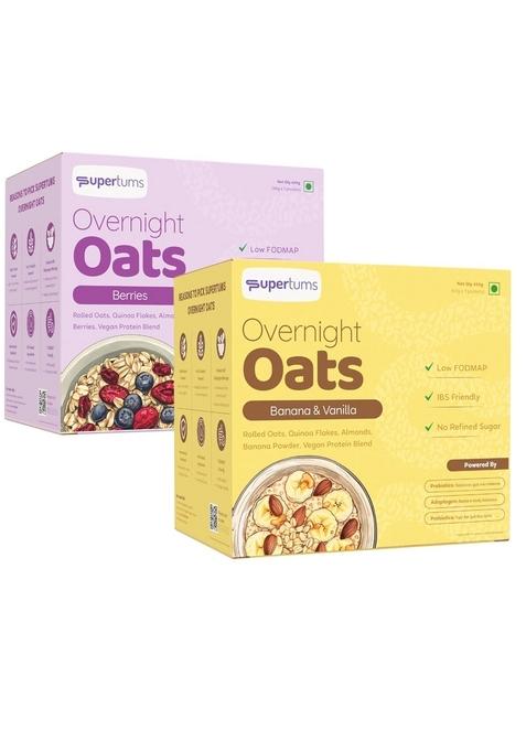Supertums Overnight Oats - Supersaver Pack Of 2, 420G Each| Banana Vanilla & Berries Flavor | No Bloating | No Stomach Discomfort | High Protein Breakfast | Prebiotics & Probiotics | No Preservatives