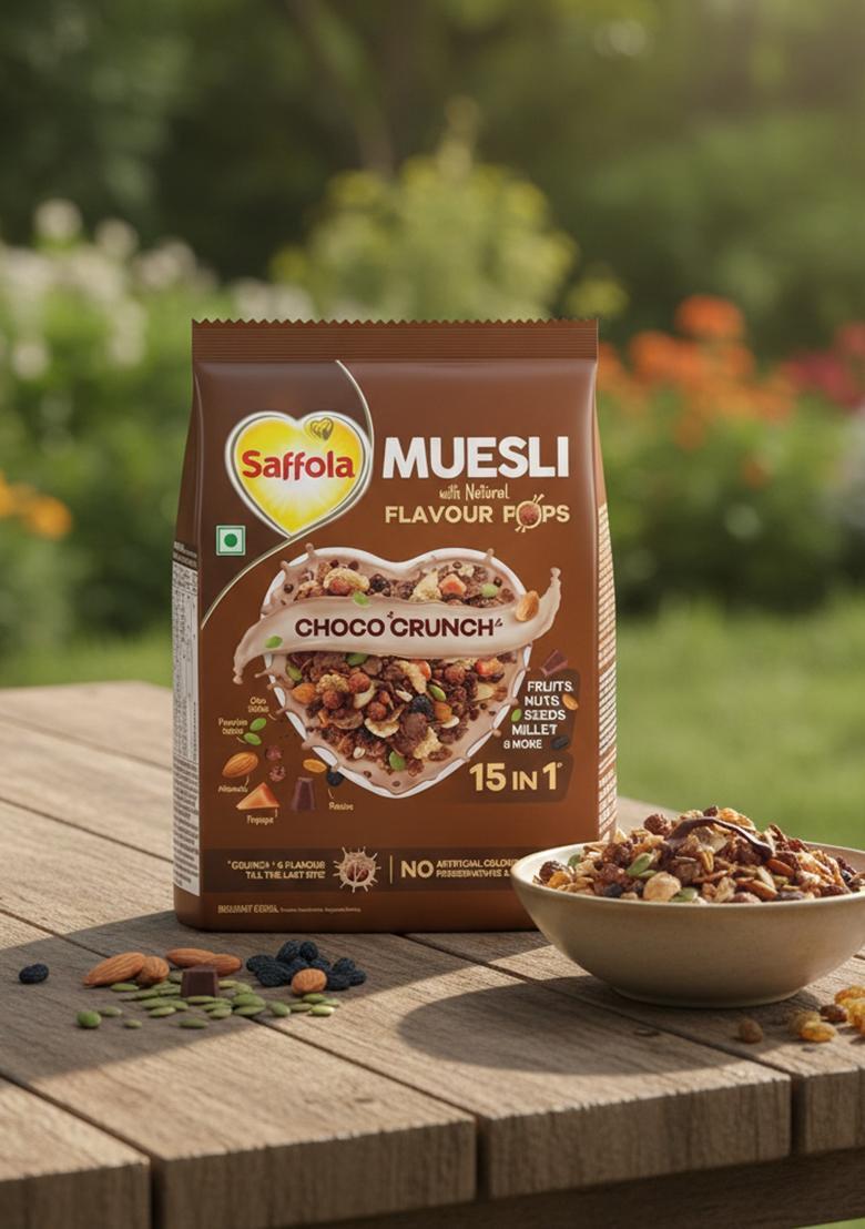 Saffola Muesli Choco Crunch With Flavour Pops, 185 Gm | 15 In 1 Fruit And Nuts, Seeds, Millet & More | Cereals For Breakfast Rich In Wholegrain, Protein, Fibre