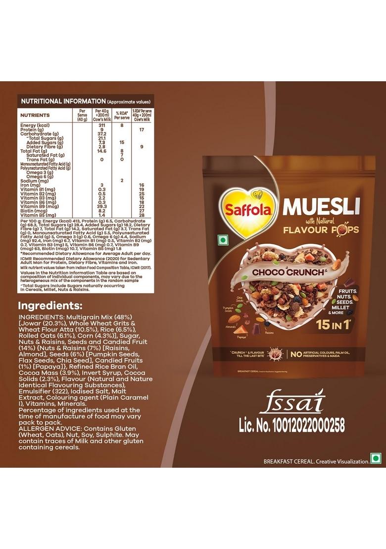 Saffola Muesli Choco Crunch With Flavour Pops, 185 Gm | 15 In 1 Fruit And Nuts, Seeds, Millet & More | Cereals For Breakfast Rich In Wholegrain, Protein, Fibre