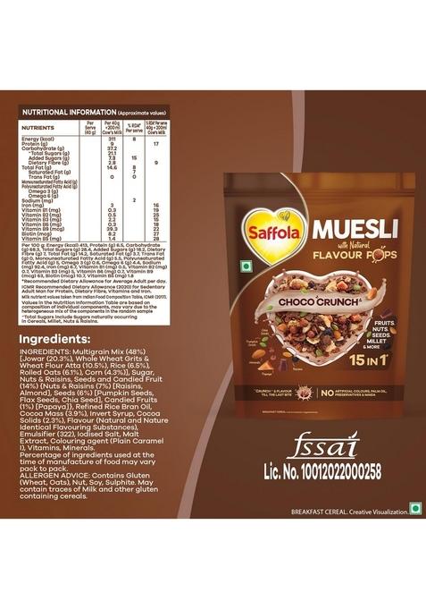 Saffola Muesli Choco Crunch With Flavour Pops, 185 Gm | 15 In 1 Fruit And Nuts, Seeds, Millet & More | Cereals For Breakfast Rich In Wholegrain, Protein, Fibre