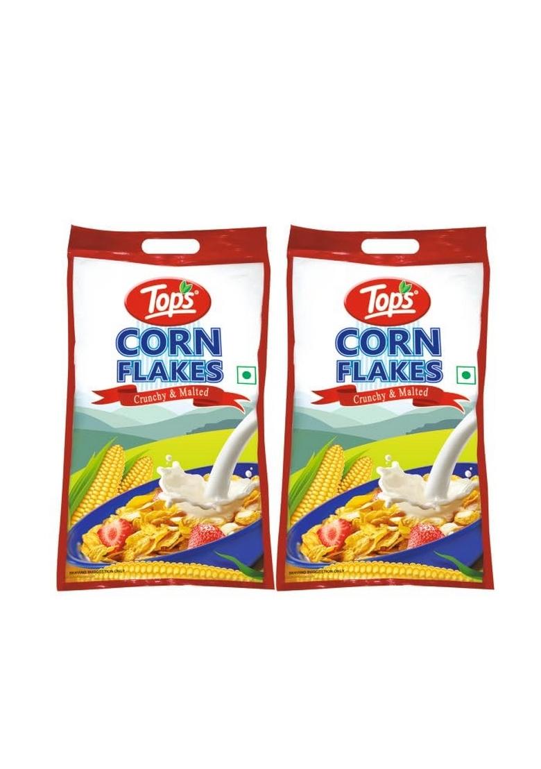 Tops Corn Flakes 1 Kg (500 Gm *2 Pouch) | No Added Flavour| Low Fat & Low Cholesterol | Dietary Fibre | Deliciously Crunchy | Breakfast Cereal