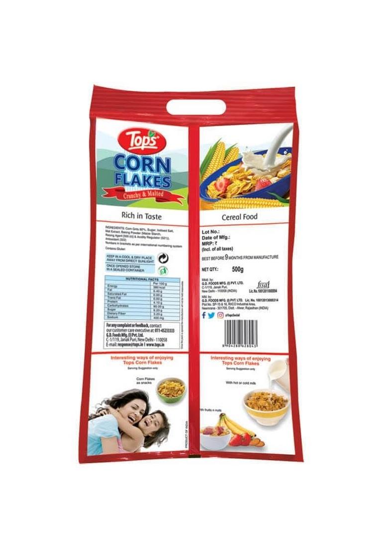 Tops Corn Flakes 1 Kg (500 Gm *2 Pouch) | No Added Flavour| Low Fat & Low Cholesterol | Dietary Fibre | Deliciously Crunchy | Breakfast Cereal