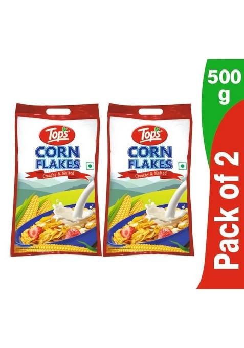 Tops Corn Flakes 1 Kg (500 Gm *2 Pouch) | No Added Flavour| Low Fat & Low Cholesterol | Dietary Fibre | Deliciously Crunchy | Breakfast Cereal