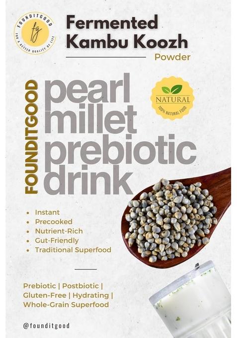 Founditgood Fermented Kambu Koozh Powder – Instant Precooked Pearl Millet Prebiotic + Postbiotic Drink – Gut-Friendly Superfood, Hydrating & Cooling, Gluten-Free, Easy-To-Mix, Natural Electrolytes