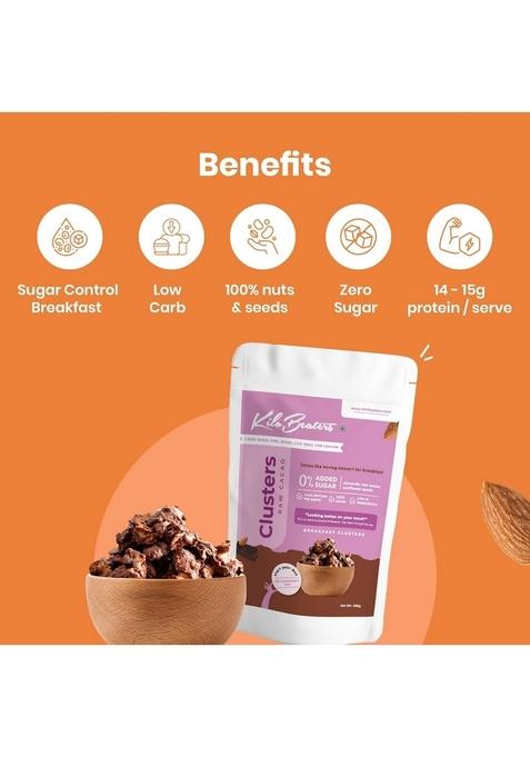Kilobeaters Clusters Muesli, Low Carb Breakfast Cereals With High Protein, No Added Sugar, Diet Food, Raw Cacao (1 Kg) Pack Of 1