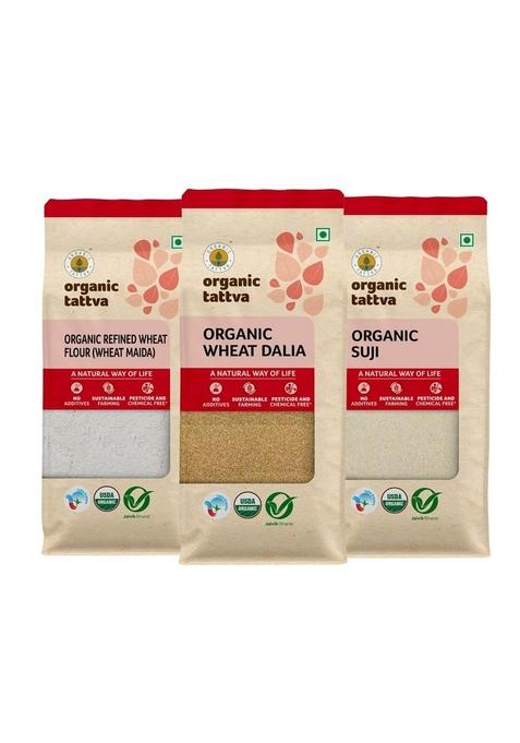 Organic Tattva, Organic Fiber Rich Suji/Sooji Rava And Wheat Dalia/Wheat Maida Combo Pack, 1.5 Kg (500 Gram Each) Pack Of 3
