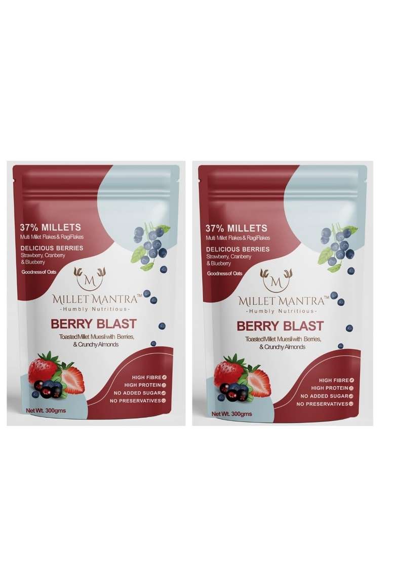 Millet Mantra High Protein Sugar Free Berryblast Muesli (Pack Of 2) | Rich Breakfast Cereal With Cranberry, Strawberry, Blueberry & Almonds - Indya