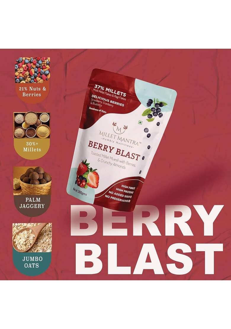 Millet Mantra High Protein Sugar Free Berryblast Muesli (Pack Of 2) | Rich Breakfast Cereal With Cranberry, Strawberry, Blueberry & Almonds - Indya