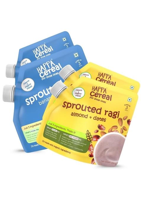 Happa Organic Baby Food Porridge Mix Cereal (Pack Of 4 (200 G), Ragi + Almonds + Dates & Ragi + Mango + Banana)