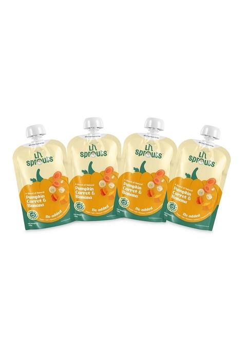 Li'L Sprouts Frugies Pumpkin, Carrot, Banana | Baby Food Puree | 6 Months+ | Ready-To-Eat | Infant Travel Food | Pack Of 4, 100G Each | 100% Natural, No Salt, No Sugar And No Preservatives | Packed With Nutrients