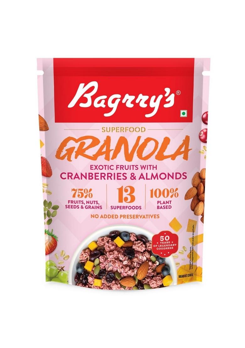 Bagrry’S Exotic Fruits Granola With Cranberries, Almonds 400Gm, 30% Fruit, Nut & Berries Granola| 13 Superfoods, Oats, Quinoa, Mango, Strawberries, Almonds, Cranberries | Fruit Breakfast Cereal
