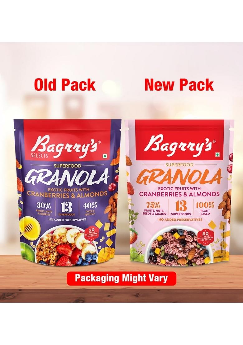 Bagrry’S Exotic Fruits Granola With Cranberries, Almonds 400Gm, 30% Fruit, Nut & Berries Granola| 13 Superfoods, Oats, Quinoa, Mango, Strawberries, Almonds, Cranberries | Fruit Breakfast Cereal