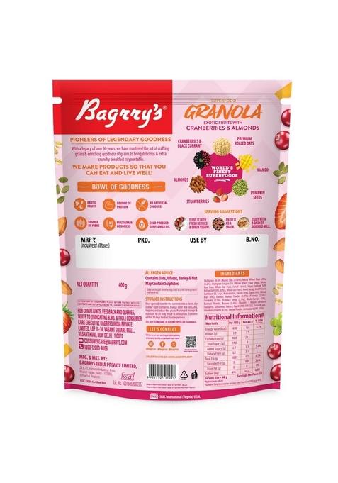 Bagrry’S Exotic Fruits Granola With Cranberries, Almonds 400Gm, 30% Fruit, Nut & Berries Granola| 13 Superfoods, Oats, Quinoa, Mango, Strawberries, Almonds, Cranberries | Fruit Breakfast Cereal