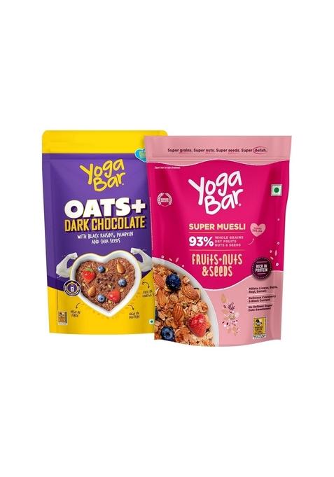 Yogabar Breakfast Oats And Muesli | Fruits And Nuts Muesli | Dark Chocolate Flavour Premium Super Oats Combo Pack - 800 Gm