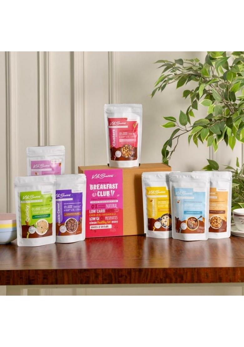 Kilobeaters Weekly Breakfast Box (Pack Of 7) | Raw Cacao, Berry Clusters, Chocolate Cookie Cereal, Noatmeal, Raw Cacao Noatmeal & Quicky Protein Meal | No Added Sugar | Healthy Breakfast For Adults