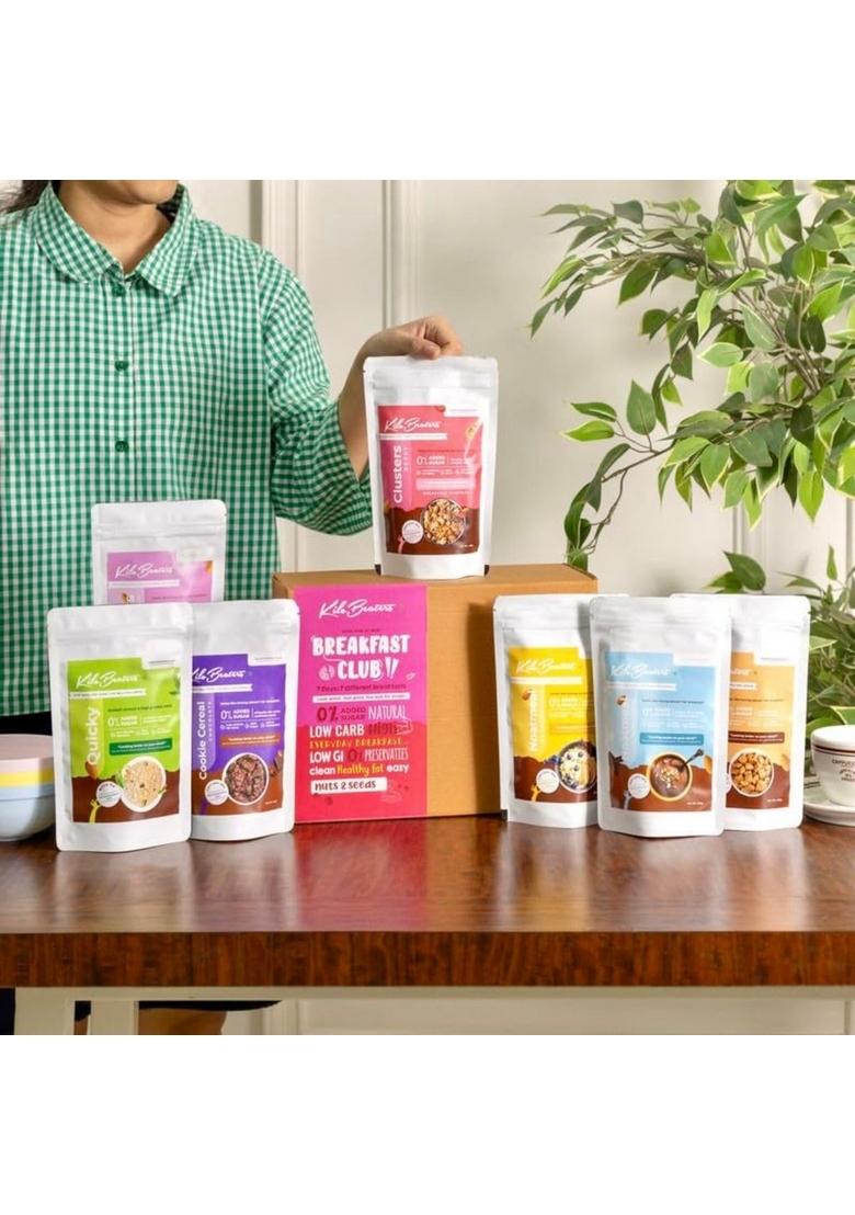 Kilobeaters Weekly Breakfast Box (Pack Of 7) | Raw Cacao, Berry Clusters, Chocolate Cookie Cereal, Noatmeal, Raw Cacao Noatmeal & Quicky Protein Meal | No Added Sugar | Healthy Breakfast For Adults