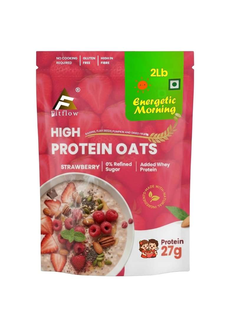 Fitflow High Protein Strawberry Oats With 27G Protein Per 100G | Instant Oatmeal, Gluten Free, 0% Refined Sugar | Added Whey Protein & Super Seeds Mix | 907G (2Lb) - Indya