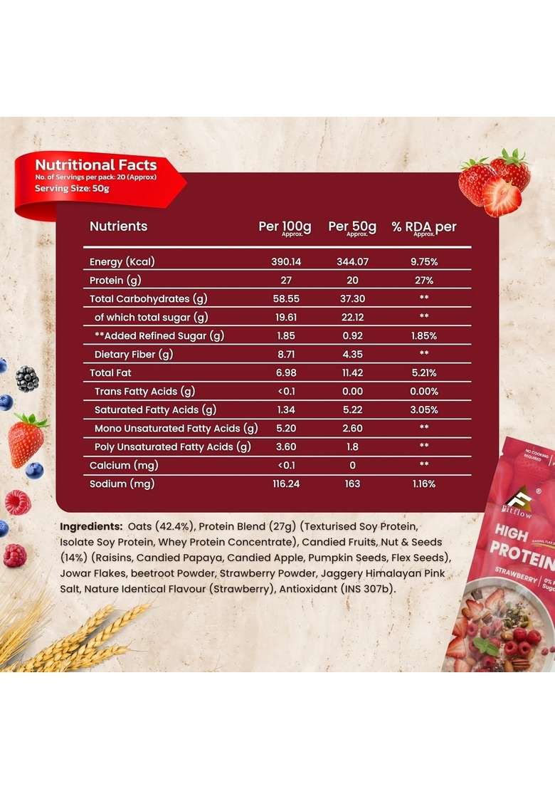 Fitflow High Protein Strawberry Oats With 27G Protein Per 100G | Instant Oatmeal, Gluten Free, 0% Refined Sugar | Added Whey Protein & Super Seeds Mix | 907G (2Lb) - Indya