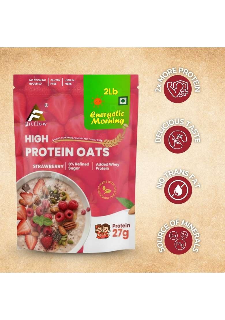 Fitflow High Protein Strawberry Oats With 27G Protein Per 100G | Instant Oatmeal, Gluten Free, 0% Refined Sugar | Added Whey Protein & Super Seeds Mix | 907G (2Lb) - Indya