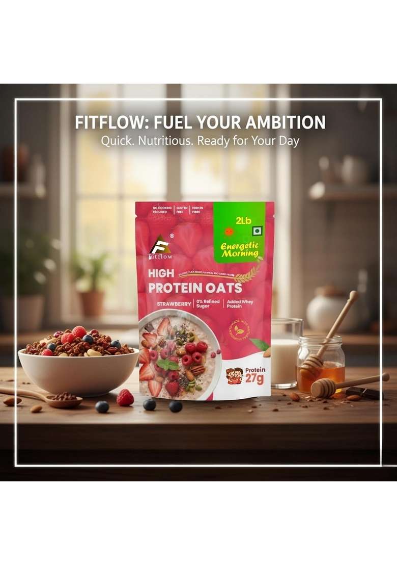 Fitflow High Protein Strawberry Oats With 27G Protein Per 100G | Instant Oatmeal, Gluten Free, 0% Refined Sugar | Added Whey Protein & Super Seeds Mix | 907G (2Lb) - Indya