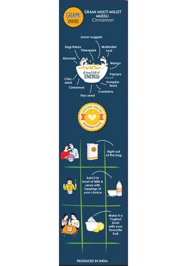 Grami Multi Millet Muesli Cinnamon With High Protein And Added Real Dried Fruits | 60% Multi Grain, Fruits, Nuts And Seeds Muesli |12 In 1 Jowar, Ragi, Multimillet Leaf, Almonds, Chia Seeds, Pumpkin Seeds, Pineapple, Mango, Papaya, Cranberry, Flax Seeds A