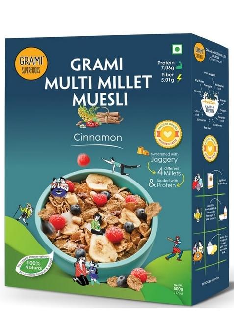 Grami Multi Millet Muesli Cinnamon With High Protein And Added Real Dried Fruits | 60% Multi Grain, Fruits, Nuts And Seeds Muesli |12 In 1 Jowar, Ragi, Multimillet Leaf, Almonds, Chia Seeds, Pumpkin Seeds, Pineapple, Mango, Papaya, Cranberry, Flax Seeds A