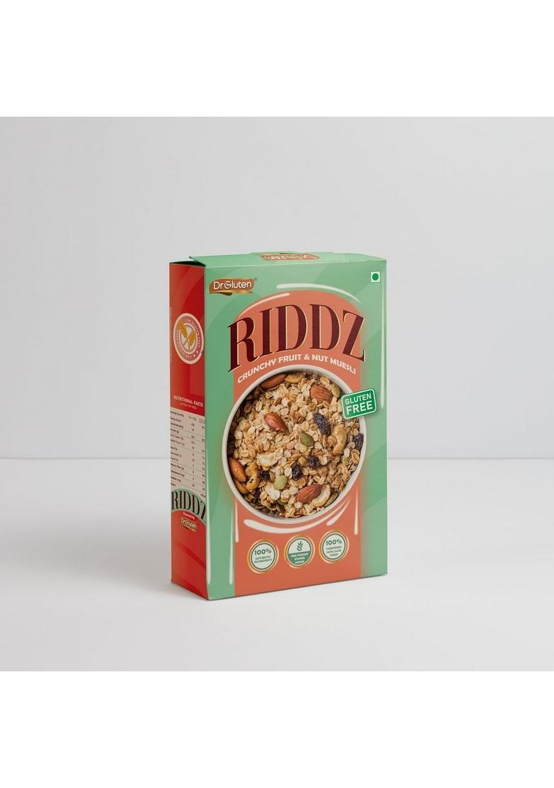 Dr. Gluten Crunchy Fruit & Nut Muesli | Tested Gluten Free Cereal | High Fiber, Sweetened With Date Syrup | 0 Preservative | Protein Rich Breakfast With Wholegrain Oats, Millets, Nuts, Fruits & Seeds | Low Sugar, Vegan, Dairy-Free, 100% Natural | 400G