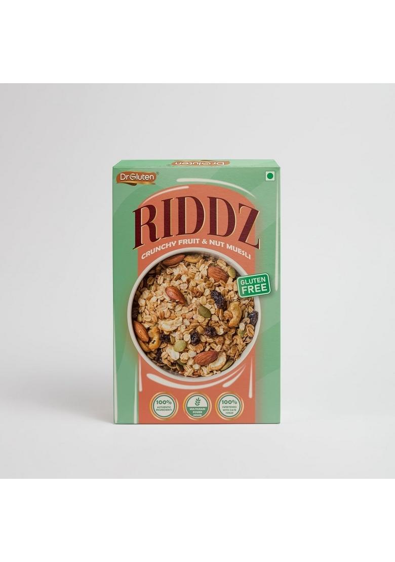 Dr. Gluten Crunchy Fruit & Nut Muesli | Tested Gluten Free Cereal | High Fiber, Sweetened With Date Syrup | 0 Preservative | Protein Rich Breakfast With Wholegrain Oats, Millets, Nuts, Fruits & Seeds | Low Sugar, Vegan, Dairy-Free, 100% Natural | 400G