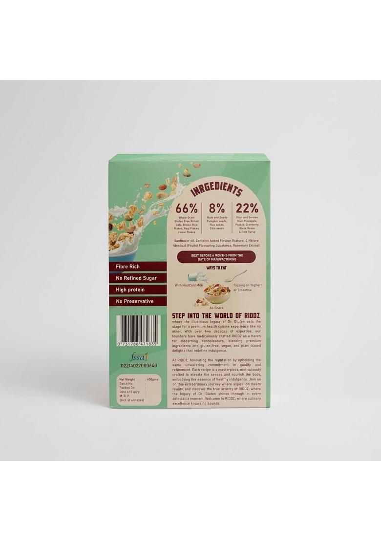 Dr. Gluten Crunchy Fruit & Nut Muesli | Tested Gluten Free Cereal | High Fiber, Sweetened With Date Syrup | 0 Preservative | Protein Rich Breakfast With Wholegrain Oats, Millets, Nuts, Fruits & Seeds | Low Sugar, Vegan, Dairy-Free, 100% Natural | 400G