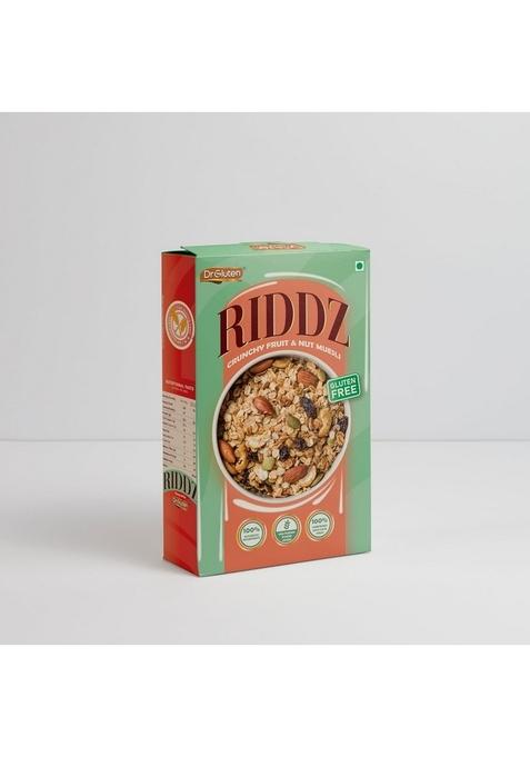 Dr. Gluten Crunchy Fruit & Nut Muesli | Tested Gluten Free Cereal | High Fiber, Sweetened With Date Syrup | 0 Preservative | Protein Rich Breakfast With Wholegrain Oats, Millets, Nuts, Fruits & Seeds | Low Sugar, Vegan, Dairy-Free, 100% Natural | 400G