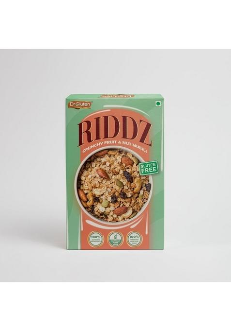 Dr. Gluten Crunchy Fruit & Nut Muesli | Tested Gluten Free Cereal | High Fiber, Sweetened With Date Syrup | 0 Preservative | Protein Rich Breakfast With Wholegrain Oats, Millets, Nuts, Fruits & Seeds | Low Sugar, Vegan, Dairy-Free, 100% Natural | 400G