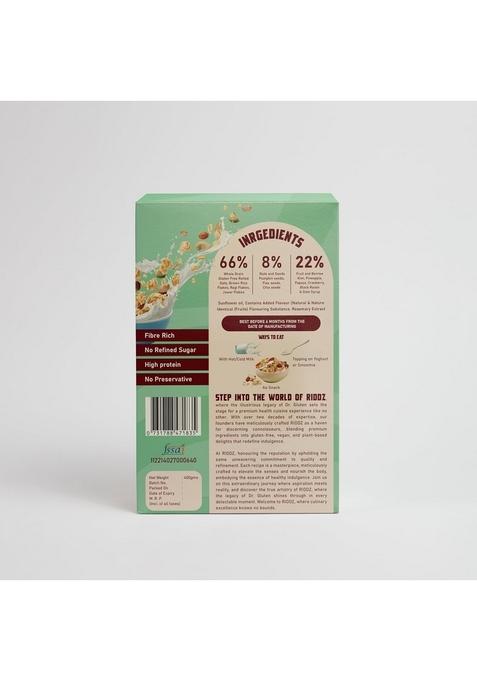 Dr. Gluten Crunchy Fruit & Nut Muesli | Tested Gluten Free Cereal | High Fiber, Sweetened With Date Syrup | 0 Preservative | Protein Rich Breakfast With Wholegrain Oats, Millets, Nuts, Fruits & Seeds | Low Sugar, Vegan, Dairy-Free, 100% Natural | 400G