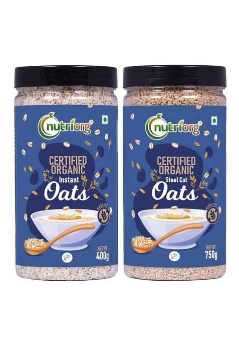 Nutriorg Organic Instant 400G & Steel Cuts Oats 750G (Combo Of 2), Gluten Free, Weight Management, Fiber Rich Oats