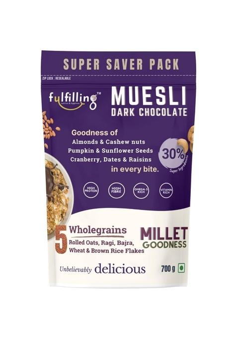 Fulfilling Chocolate Muesli- Tasty & Healthy Breakfast Cereal 700G, Dry Fruit & Nuts, Omega 3 Rich Pumpkin & Sunflower Seeds + Cranberry | Rolled Oats + Millet Flakes | Vegan