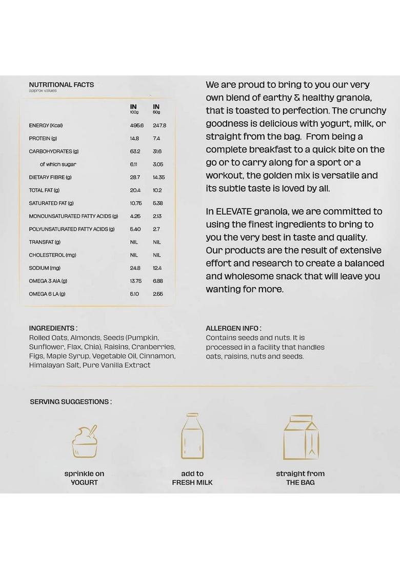 Elevate Granola Almond & Seeds 600G | Oats, Almonds & Seeds Mix | High Protein & Fibre | No Added Sugar & Preservatives | Vegan Healthy Breakfast Cereal & Snack