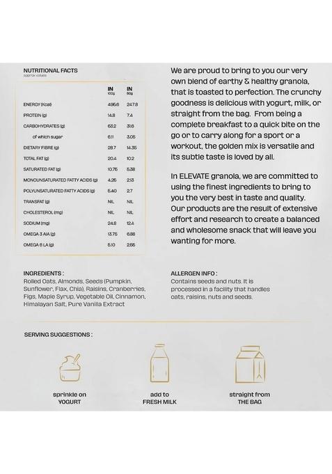 Elevate Granola Almond & Seeds 600G | Oats, Almonds & Seeds Mix | High Protein & Fibre | No Added Sugar & Preservatives | Vegan Healthy Breakfast Cereal & Snack