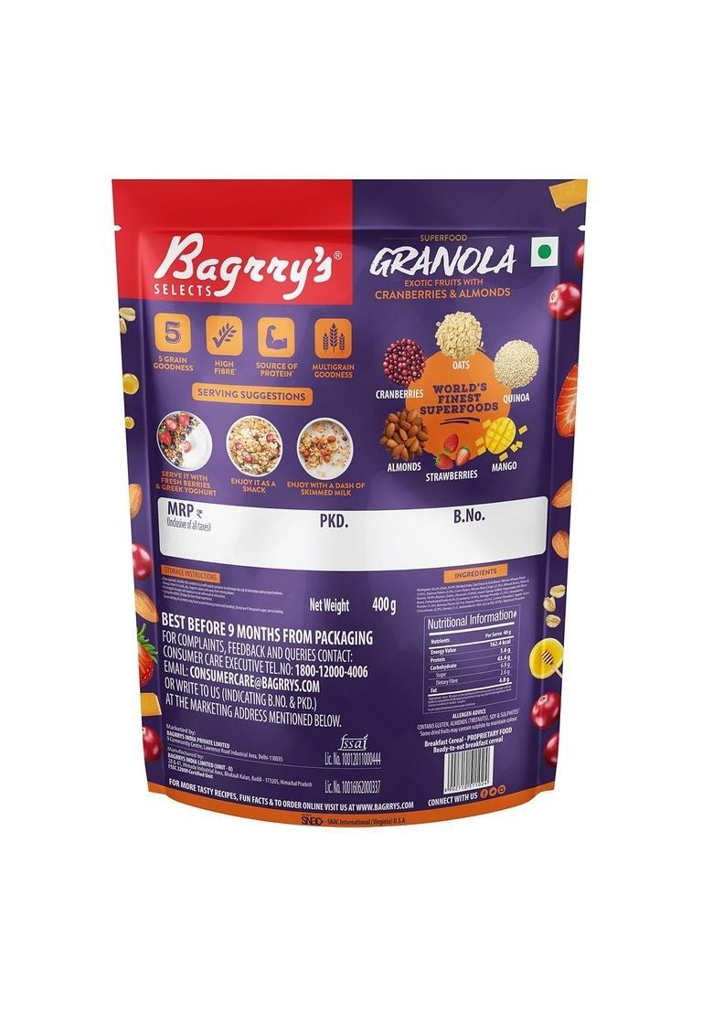 Bagrry’S Superfood Granola Exotic Fruits With Cranberries & Almonds|30% Fruit And Nuts| 40% Oats & Quinoa|High In Fibre & Protein|5 Grain Goodness| Breakfast Cereal|Crunchy Granola, 400G, (Pack Of 2)