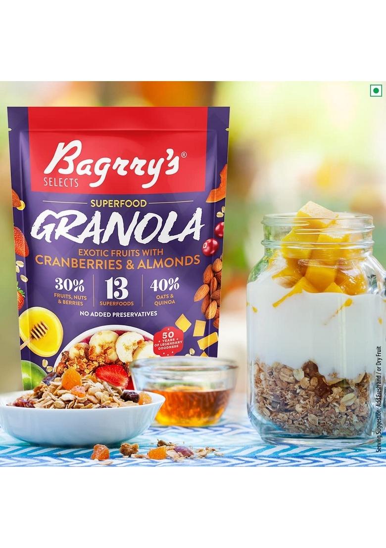 Bagrry’S Superfood Granola Exotic Fruits With Cranberries & Almonds|30% Fruit And Nuts| 40% Oats & Quinoa|High In Fibre & Protein|5 Grain Goodness| Breakfast Cereal|Crunchy Granola, 400G, (Pack Of 2)