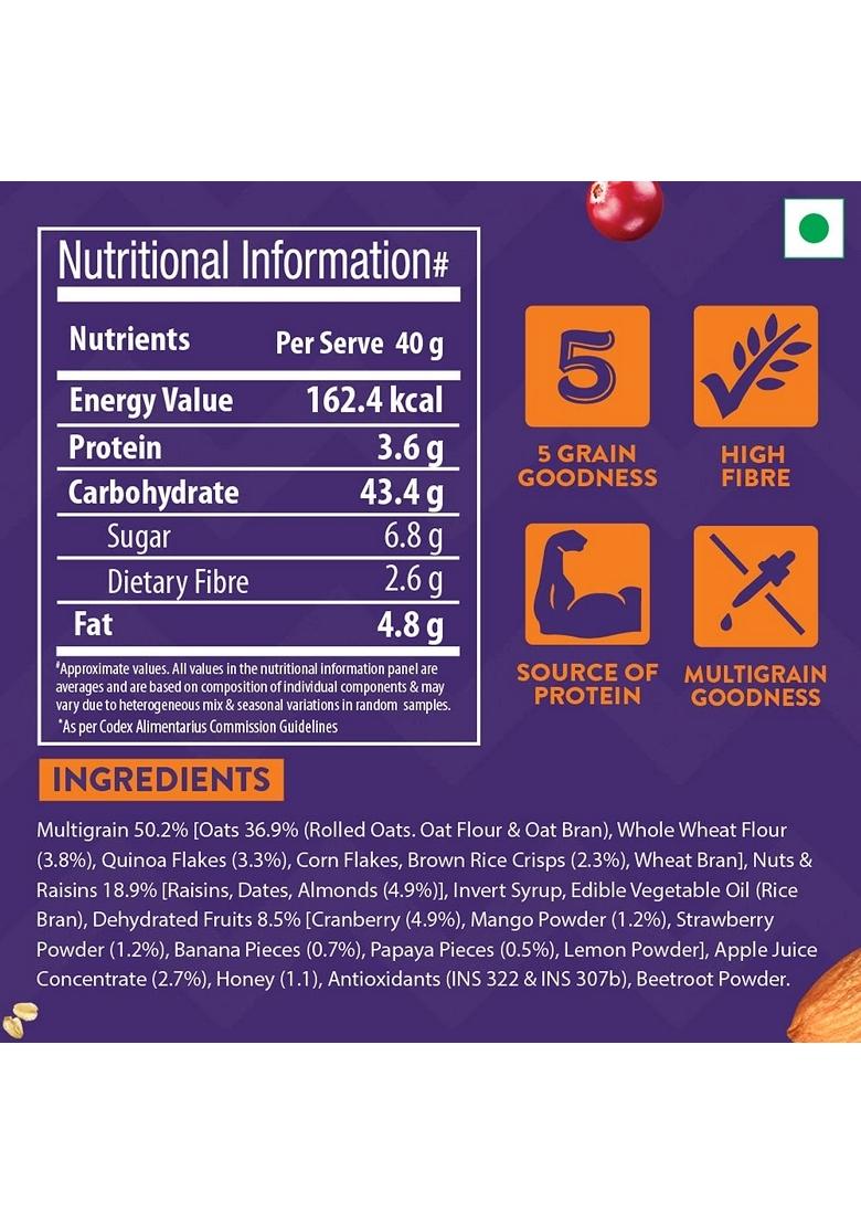 Bagrry’S Superfood Granola Exotic Fruits With Cranberries & Almonds|30% Fruit And Nuts| 40% Oats & Quinoa|High In Fibre & Protein|5 Grain Goodness| Breakfast Cereal|Crunchy Granola, 400G, (Pack Of 2)