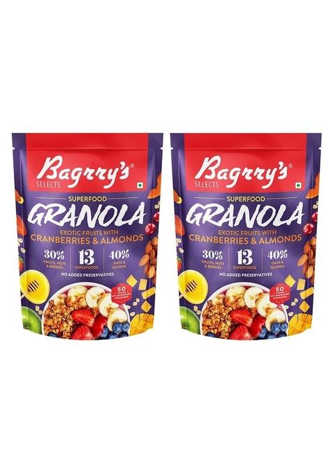 Bagrry’S Superfood Granola Exotic Fruits With Cranberries & Almonds|30% Fruit And Nuts| 40% Oats & Quinoa|High In Fibre & Protein|5 Grain Goodness| Breakfast Cereal|Crunchy Granola, 400G, (Pack Of 2)