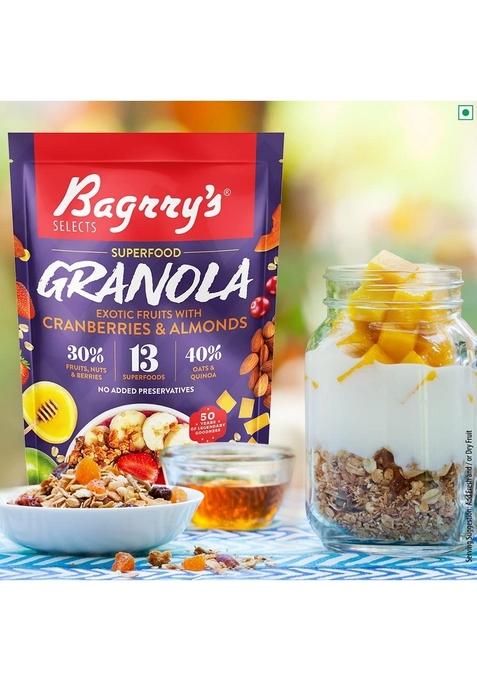 Bagrry’S Superfood Granola Exotic Fruits With Cranberries & Almonds|30% Fruit And Nuts| 40% Oats & Quinoa|High In Fibre & Protein|5 Grain Goodness| Breakfast Cereal|Crunchy Granola, 400G, (Pack Of 2)
