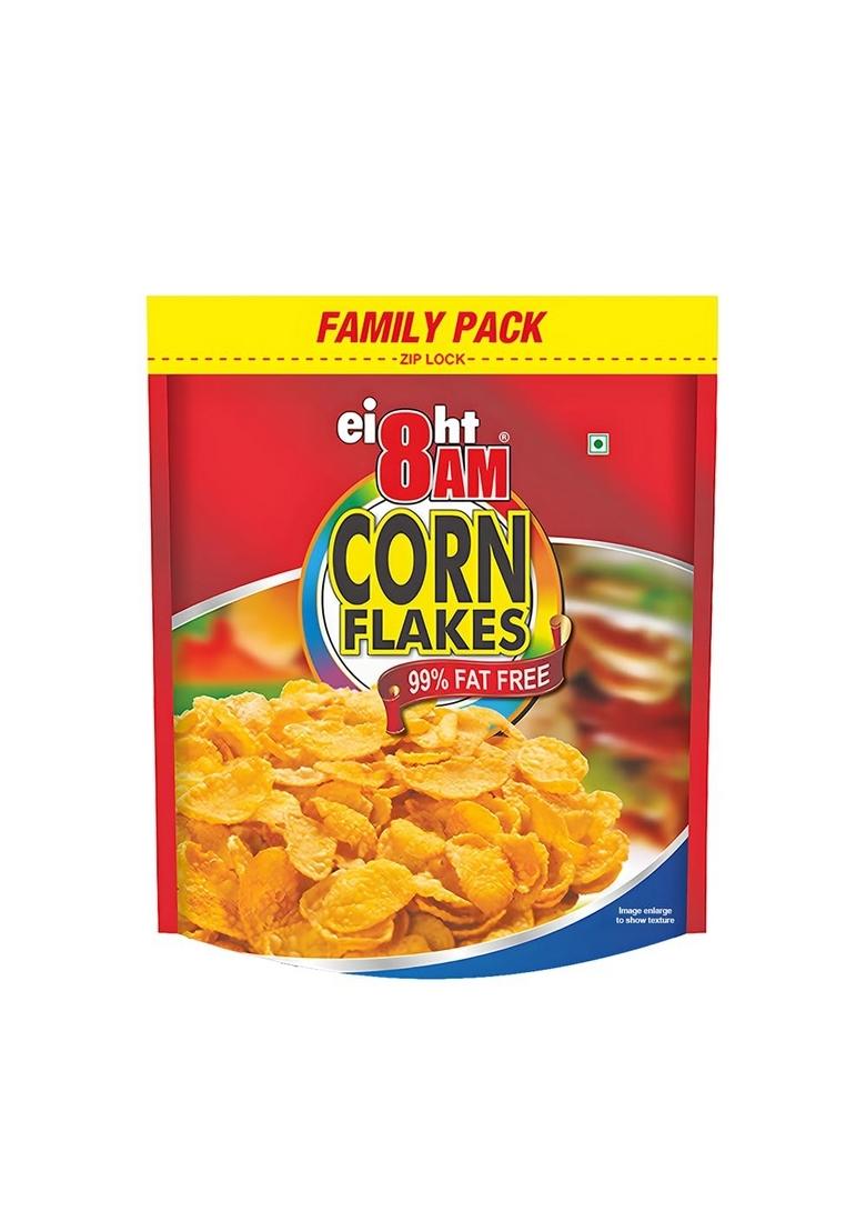 8Am Corn Flakes Family Pack 1Kg, 92% Corn, 99% Fat Free, No Cholesterol, Trans Fat, Vitamin B3 & Iron, Crunchy & Nutritious Whole Grain Breakfast Cereal
